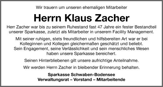 Traueranzeige von Klaus Zacher von Memminger Zeitung