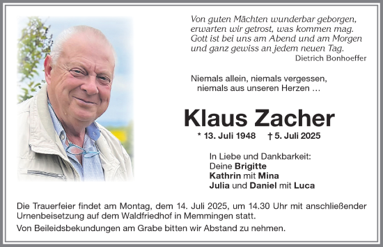 Traueranzeige von Klaus Zacher von Memminger Zeitung