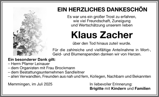 Traueranzeige von Klaus Zacher von Memminger Zeitung