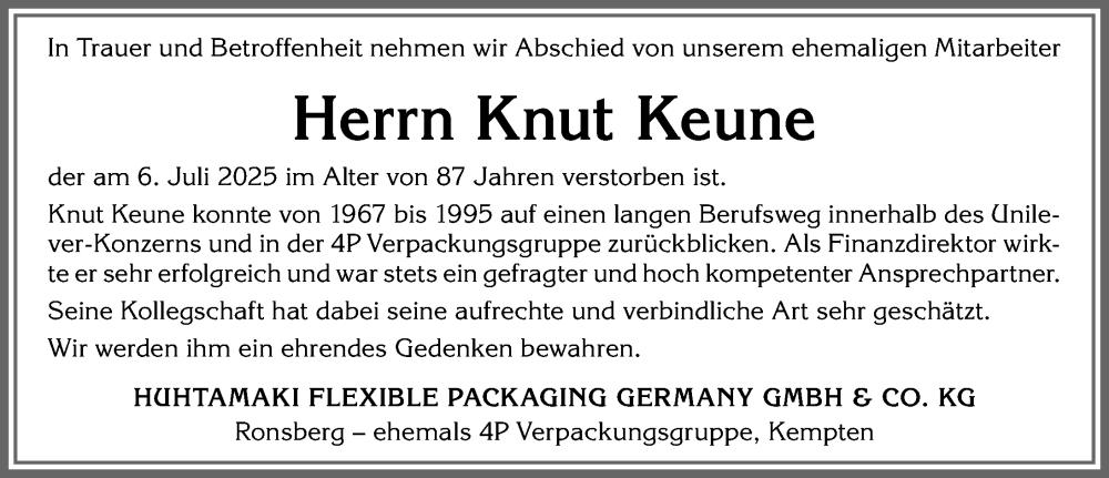  Traueranzeige für Knut Keune vom 22.07.2025 aus Allgäuer Zeitung, Marktoberdorf