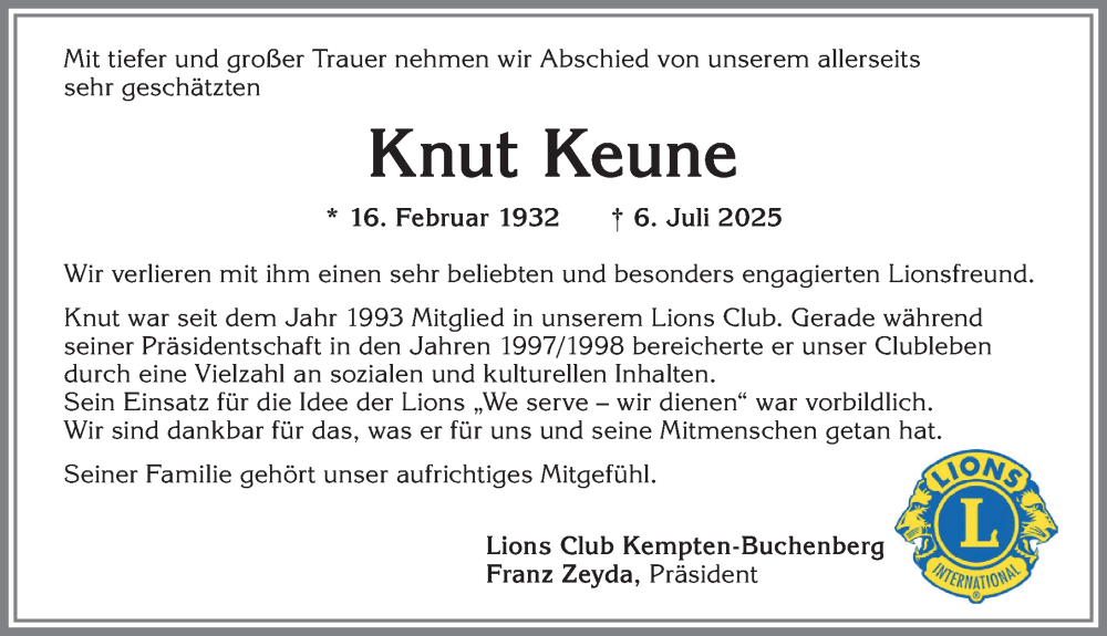 Traueranzeige für Knut Keune vom 14.07.2025 aus Allgäuer Zeitung,Kempten