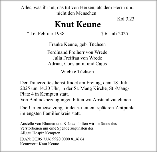 Traueranzeige von Knut Keune von Allgäuer Zeitung,Kempten