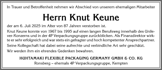 Traueranzeige von Knut Keune von Allgäuer Zeitung, Marktoberdorf