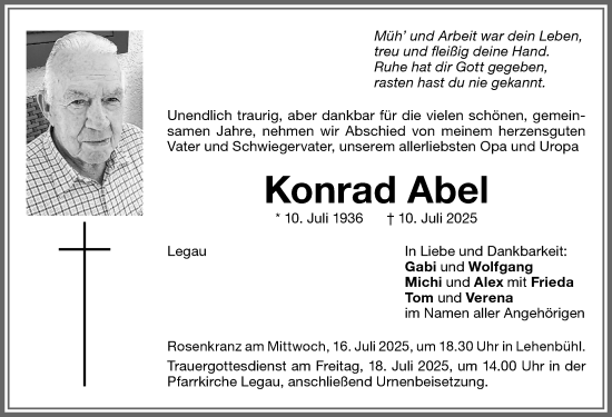 Traueranzeige von Konrad Abel von Memminger Zeitung