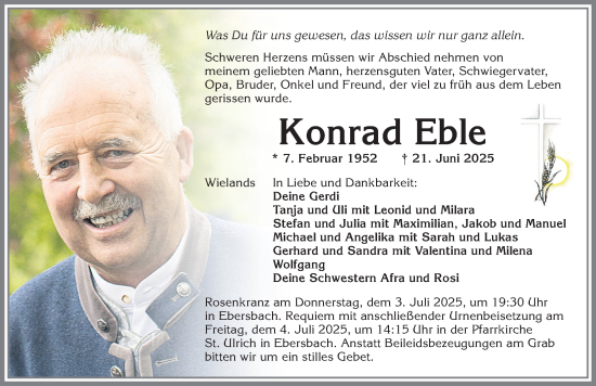 Traueranzeige von Konrad Eble von Allgäuer Zeitung, Marktoberdorf