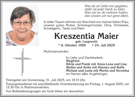 Traueranzeige von Kreszentia Maier von Allgäuer Zeitung,Kempten