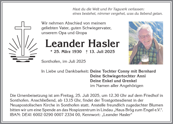 Traueranzeige von Leander Hasler von Allgäuer Anzeigeblatt