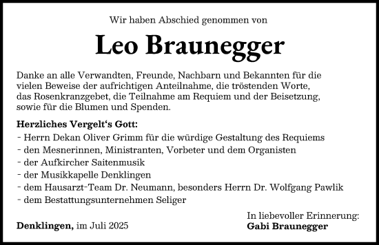 Traueranzeige von Leo Braunegger von Landsberger Tagblatt, Augsburger Allgemeine