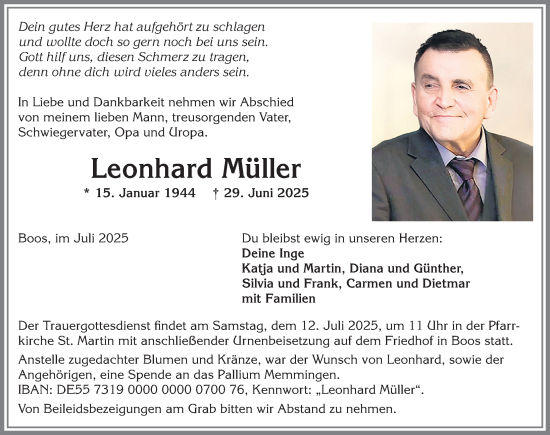 Traueranzeige von Leonhard Müller von Memminger Zeitung