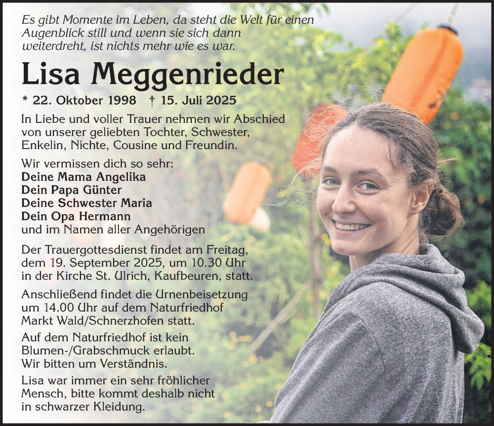  Traueranzeige für Lisa Meggenrieder vom 31.07.2025 aus Allgäuer Zeitung, Kaufbeuren/Buchloe