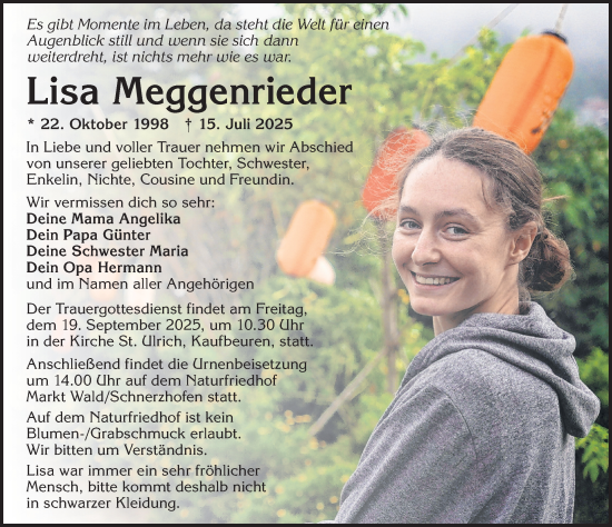 Traueranzeige von Lisa Meggenrieder von Allgäuer Zeitung, Kaufbeuren/Buchloe