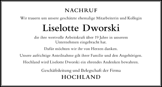 Traueranzeige von Liselotte Dworski von Der Westallgäuer
