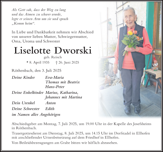 Traueranzeige von Liselotte Dworski von Der Westallgäuer