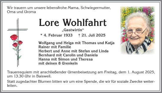 Traueranzeige von Lore Wohlfahrt von Allgäuer Zeitung, Kaufbeuren/Buchloe