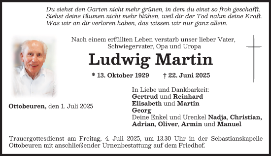 Traueranzeige von Ludwig Martin von Memminger Zeitung