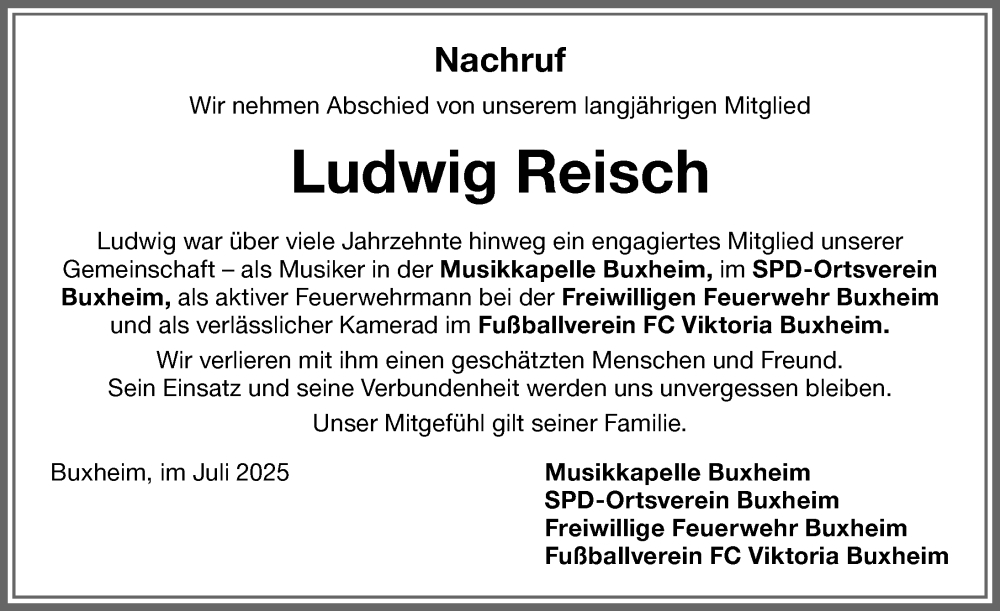  Traueranzeige für Ludwig Reisch vom 12.07.2025 aus Memminger Zeitung