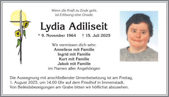 Traueranzeige von Lydia Adiliseit von Allgäuer Anzeigeblatt