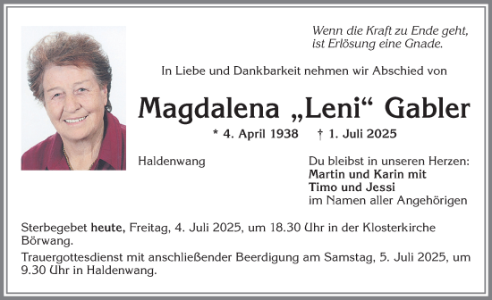 Traueranzeige von Magdalena Gabler von Allgäuer Zeitung,Kempten