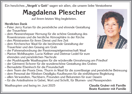 Traueranzeige von Magdalena Plescher von Augsburger Allgemeine, Landsberger Tagblatt