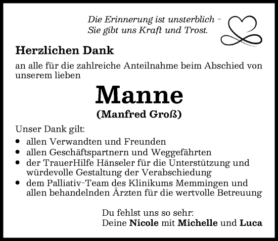 Traueranzeige von Manfred Groß von Memminger Zeitung
