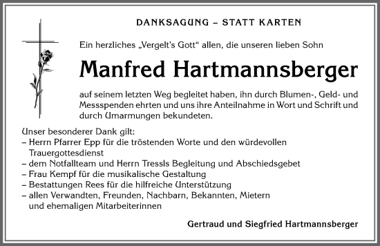Traueranzeige von Manfred Hartmannsberger von Allgäuer Anzeigeblatt