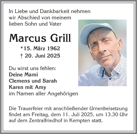 Traueranzeige von Marcus Grill von Allgäuer Zeitung,Kempten