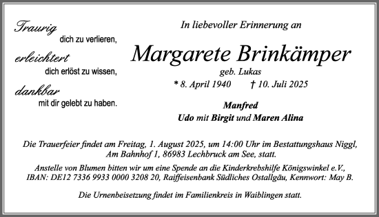 Traueranzeige von Margarete Brinkämper von Allgäuer Zeitung, Füssen