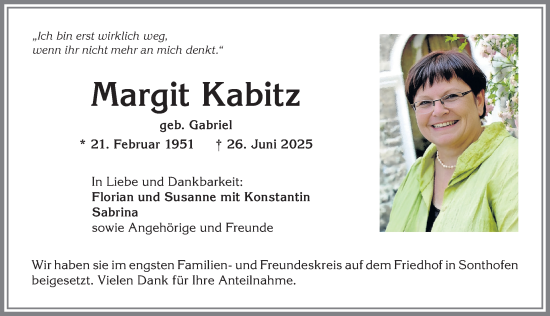 Traueranzeige von Margit Kabitz von Allgäuer Anzeigeblatt