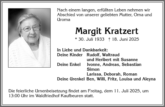 Traueranzeige von Margit Kratzert von Allgäuer Zeitung, Kaufbeuren/Buchloe