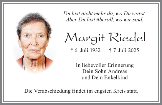 Traueranzeige von Margit Riedel von Allgäuer Zeitung, Marktoberdorf