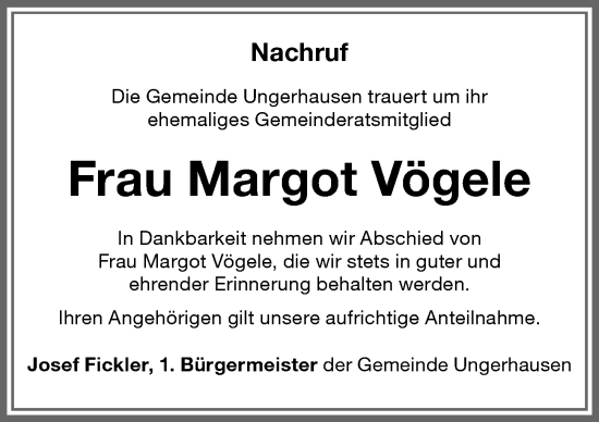 Traueranzeige von Margot Vögele von Memminger Zeitung