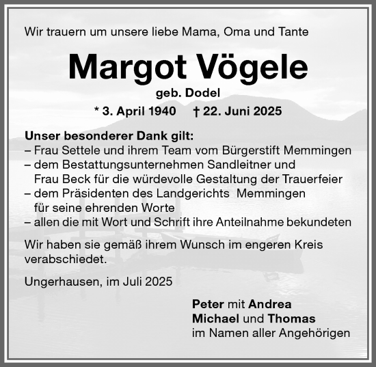 Traueranzeige von Margot Vögele von Memminger Zeitung
