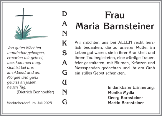 Traueranzeige von Maria Barnsteiner von Allgäuer Zeitung, Marktoberdorf