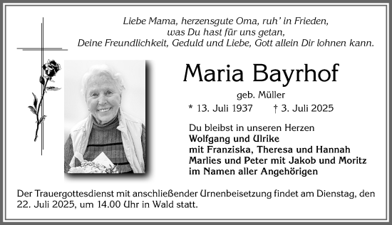 Traueranzeige von Maria Bayrhof von Allgäuer Zeitung, Marktoberdorf