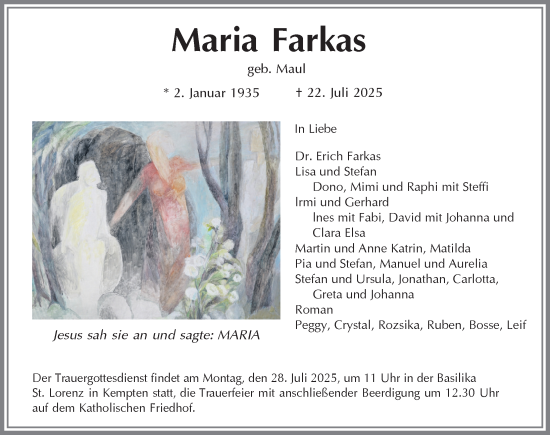Traueranzeige von Maria Farkas von Allgäuer Zeitung,Kempten