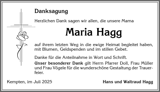 Traueranzeige von Maria Hagg von Allgäuer Zeitung,Kempten