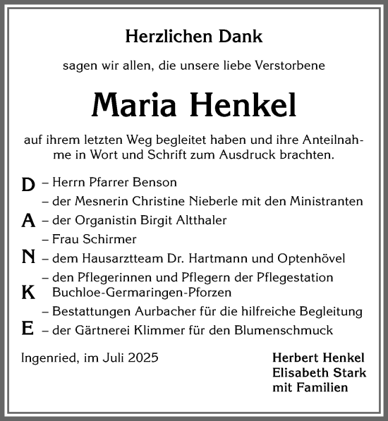 Traueranzeige von Maria Henkel von Allgäuer Zeitung, Kaufbeuren/Buchloe