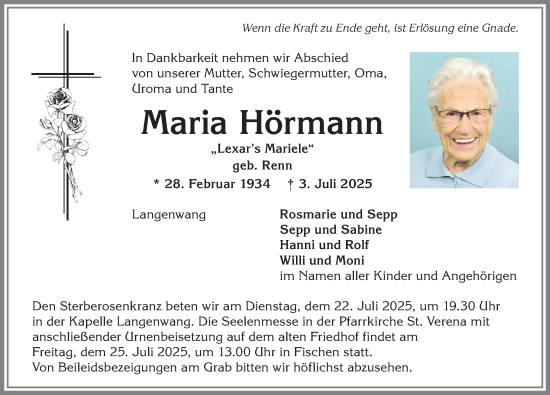 Traueranzeige von Maria Hörmann von Allgäuer Anzeigeblatt