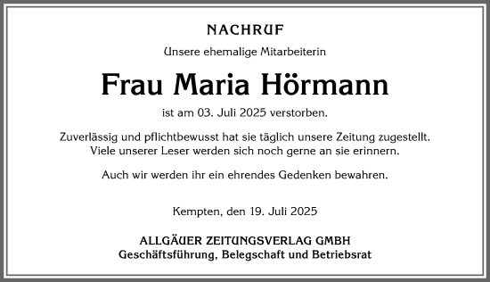 Traueranzeige von Maria Hörmann von Allgäuer Anzeigeblatt