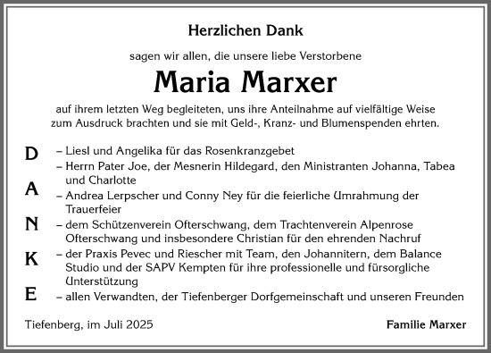 Traueranzeige von Maria Marxer von Allgäuer Anzeigeblatt