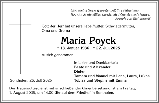 Traueranzeige von Maria Poyck von Allgäuer Anzeigeblatt