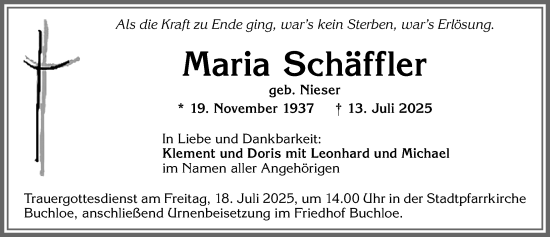Traueranzeige von Maria Schäffler von Allgäuer Zeitung, Kaufbeuren/Buchloe