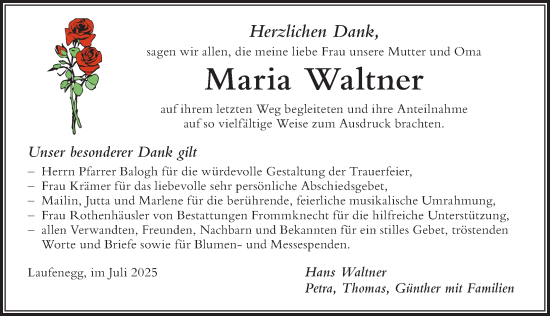 Traueranzeige von Maria Waltner von Der Westallgäuer