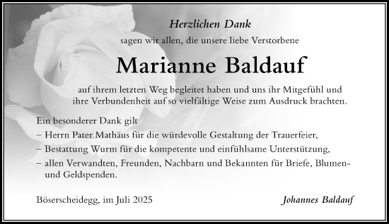 Traueranzeige von Marianne Baldauf von Der Westallgäuer
