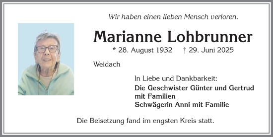 Traueranzeige von Marianne Lohbrunner von Allgäuer Zeitung,Kempten