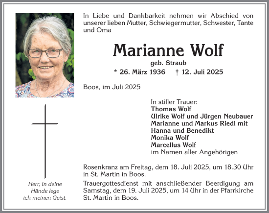 Traueranzeige von Marianne Wolf von Memminger Zeitung