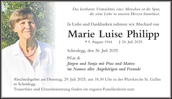 Traueranzeige von Marie Luise Philipp von Der Westallgäuer