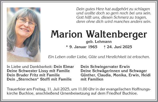 Traueranzeige von Marion Waltenberger von Allgäuer Zeitung, Kaufbeuren/Buchloe