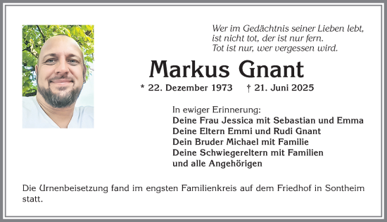 Traueranzeige von Markus Gnant von Memminger Zeitung