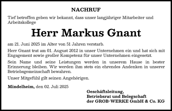 Traueranzeige von Markus Gnant von Mindelheimer Zeitung, Augsburger Allgemeine